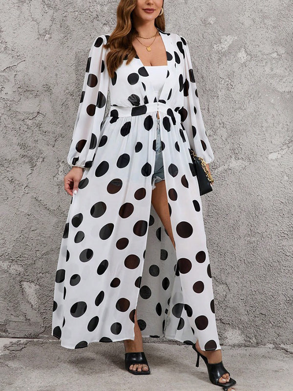 High Waisted Long Sleeves Pleated Polka-Dot See-Through Split-Joint Deep V-Neck Maxi Dresses Outerwear - Image 6