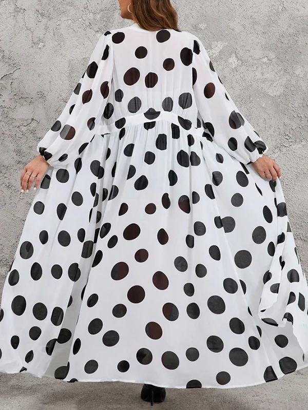 High Waisted Long Sleeves Pleated Polka-Dot See-Through Split-Joint Deep V-Neck Maxi Dresses Outerwear - Image 7