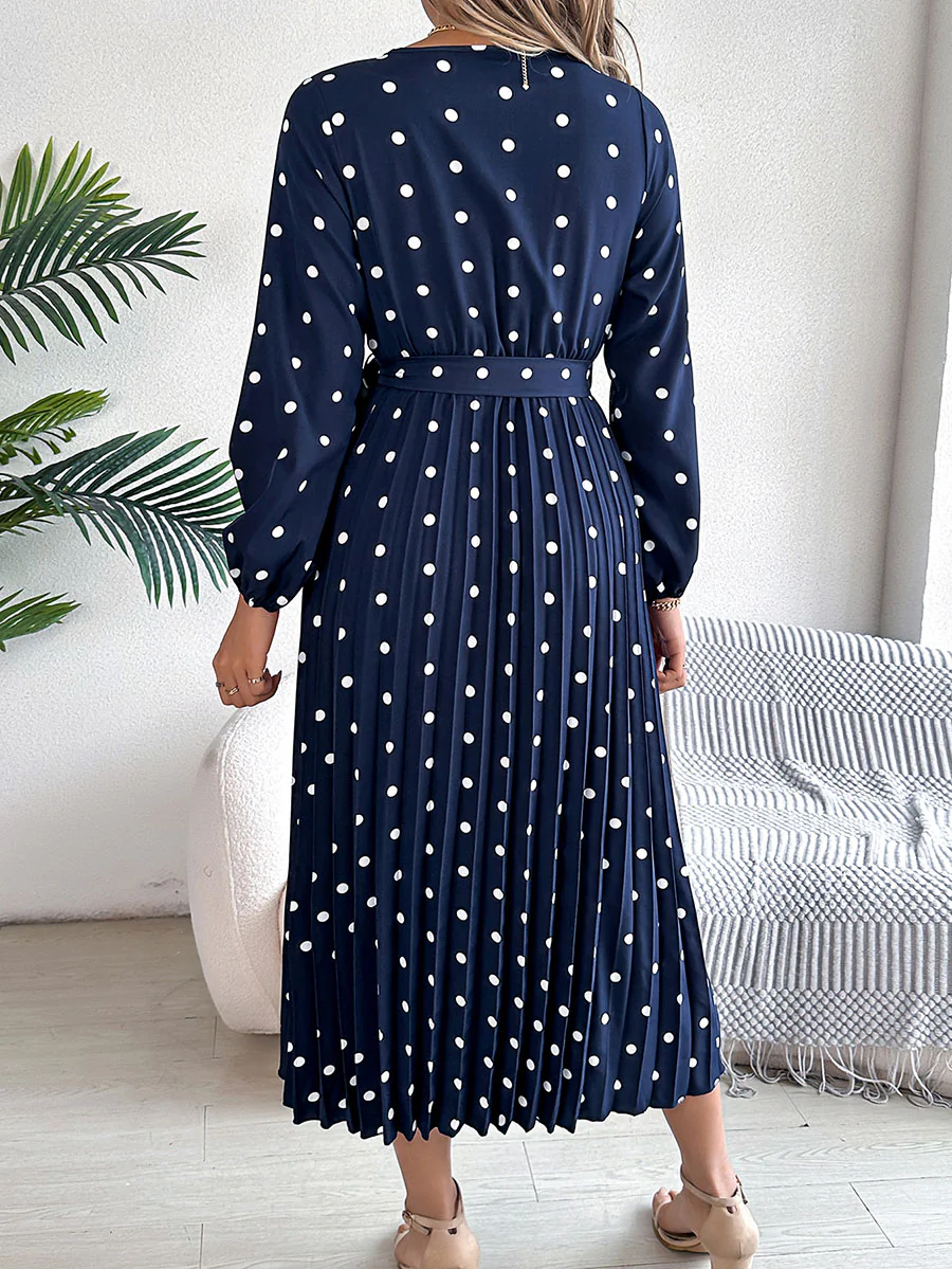 High Waisted Long Sleeves Pleated Polka Dot Tied Waist V-Neck Maxi Dresses Shirt Dress - Image 11