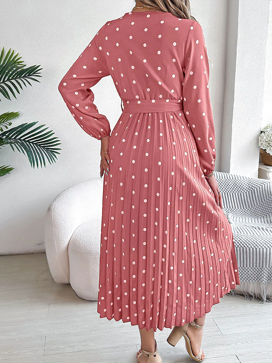 High Waisted Long Sleeves Pleated Polka Dot Tied Waist V-Neck Maxi Dresses Shirt Dress - Image 14