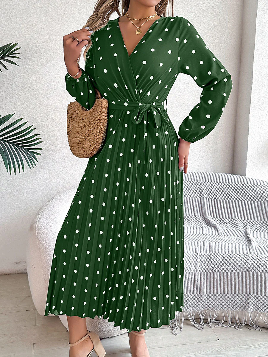 High Waisted Long Sleeves Pleated Polka Dot Tied Waist V-Neck Maxi Dresses Shirt Dress - Image 15
