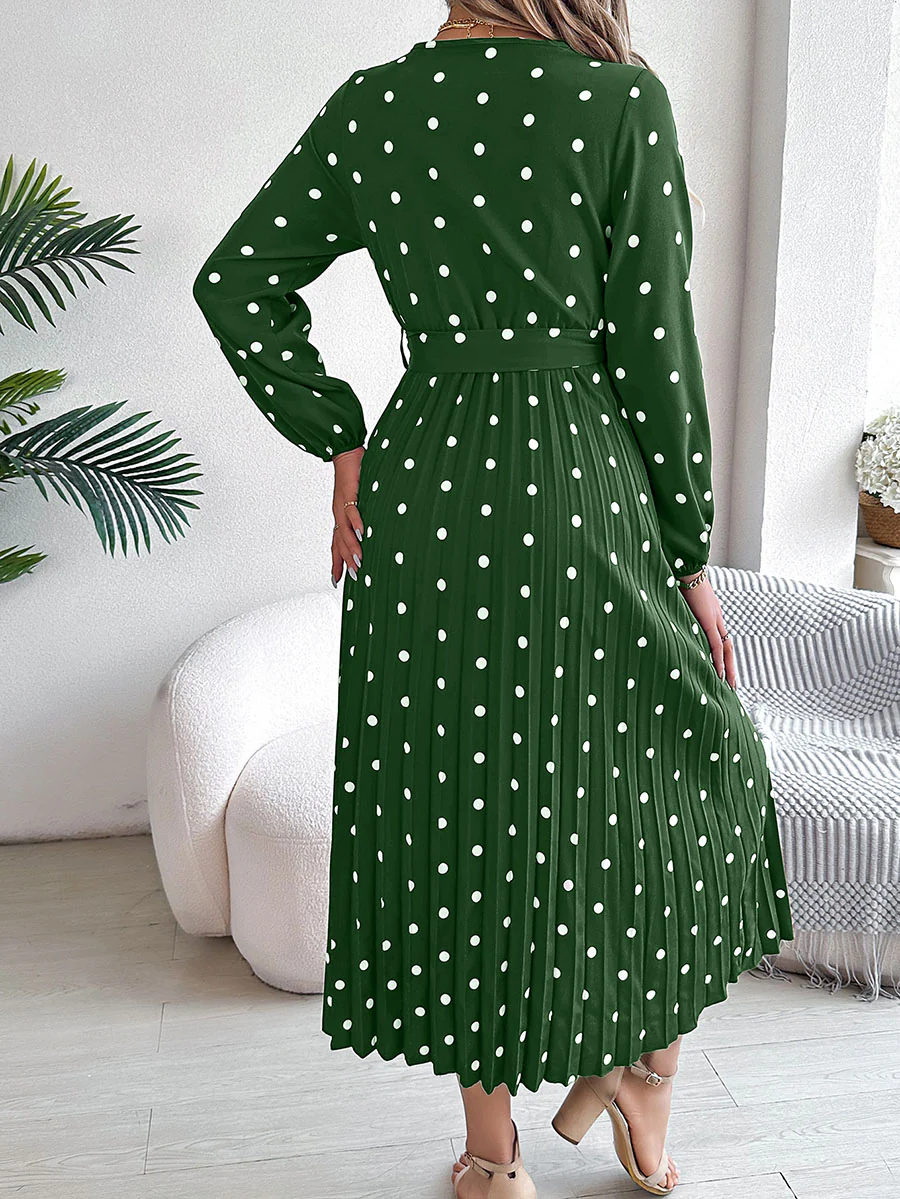 High Waisted Long Sleeves Pleated Polka Dot Tied Waist V-Neck Maxi Dresses Shirt Dress - Image 17