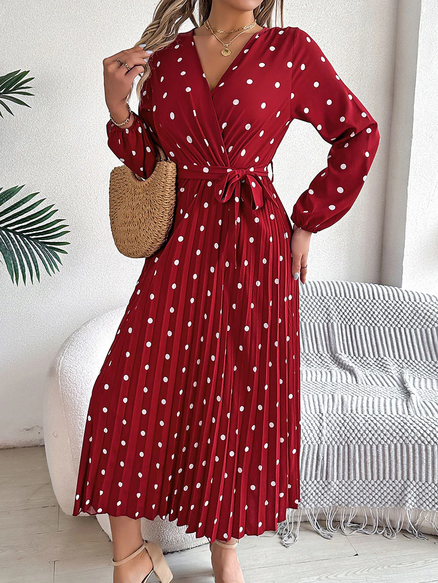 High Waisted Long Sleeves Pleated Polka Dot Tied Waist V-Neck Maxi Dresses Shirt Dress - Image 18