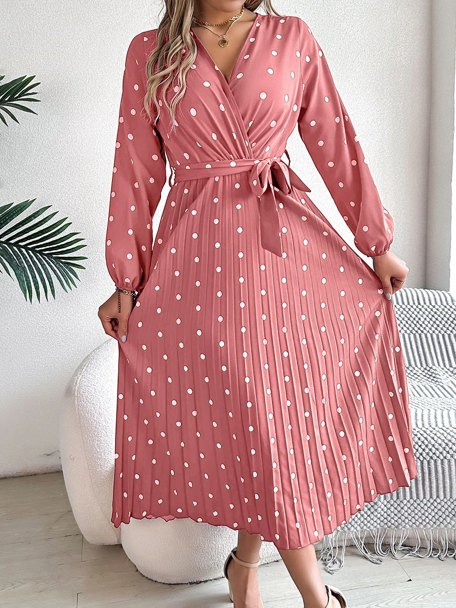 High Waisted Long Sleeves Pleated Polka Dot Tied Waist V-Neck Maxi Dresses Shirt Dress - Image 2