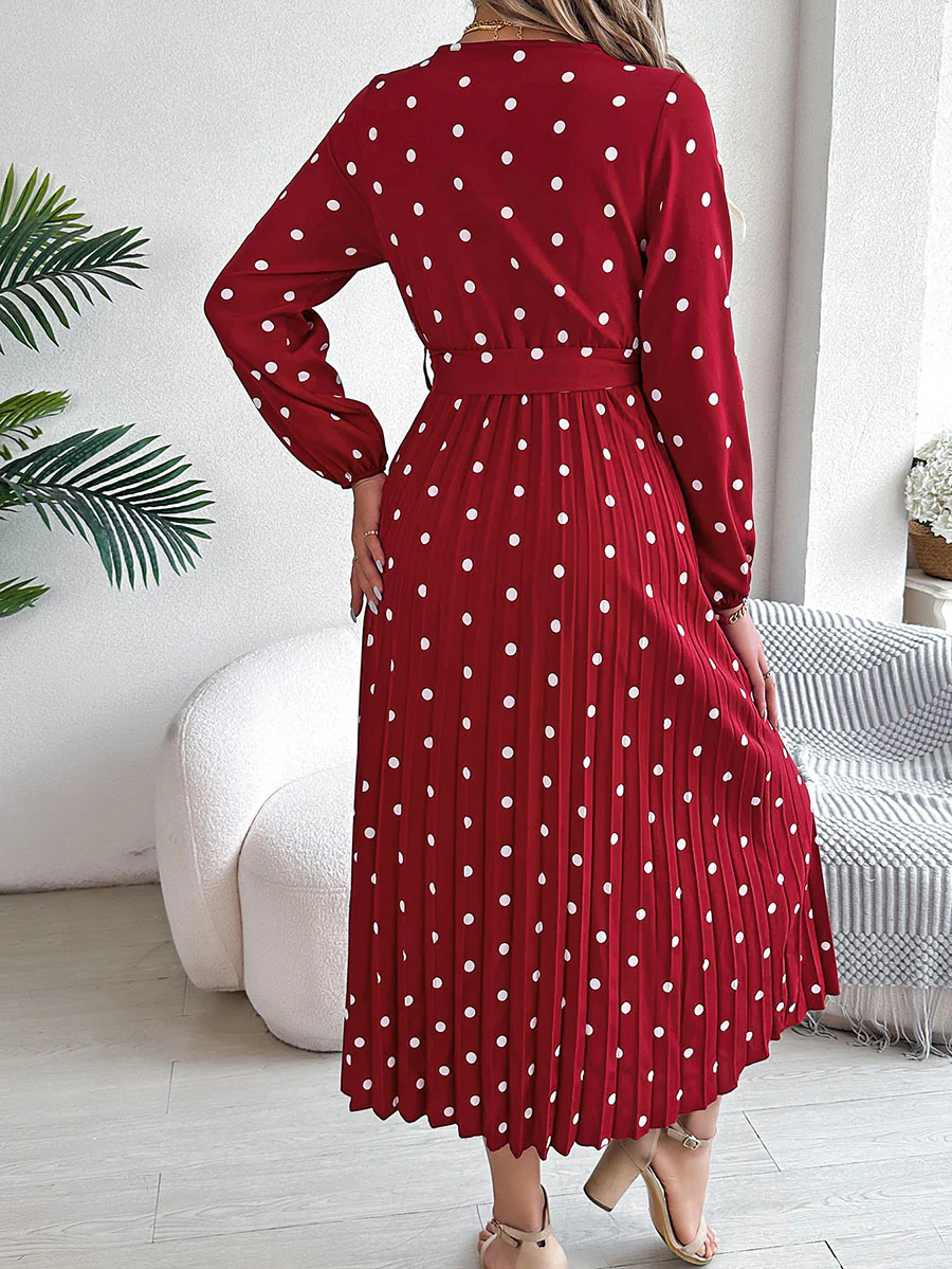 High Waisted Long Sleeves Pleated Polka Dot Tied Waist V-Neck Maxi Dresses Shirt Dress - Image 20
