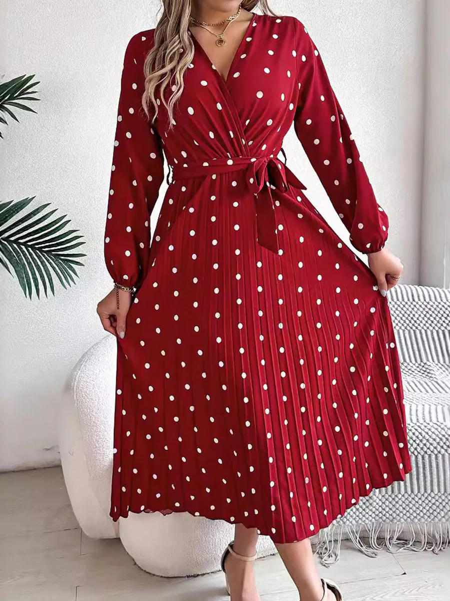 High Waisted Long Sleeves Pleated Polka Dot Tied Waist V-Neck Maxi Dresses Shirt Dress - Image 3