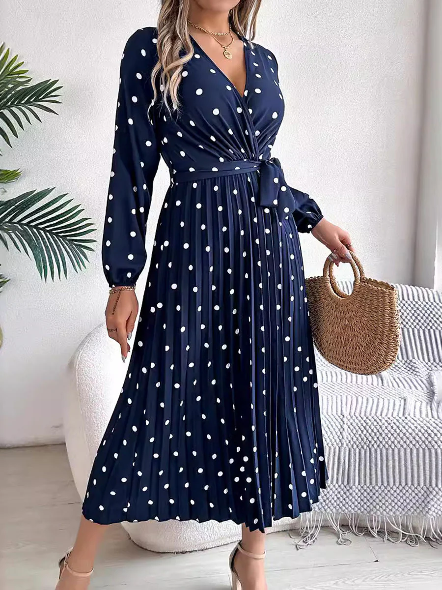 High Waisted Long Sleeves Pleated Polka Dot Tied Waist V-Neck Maxi Dresses Shirt Dress - Image 4