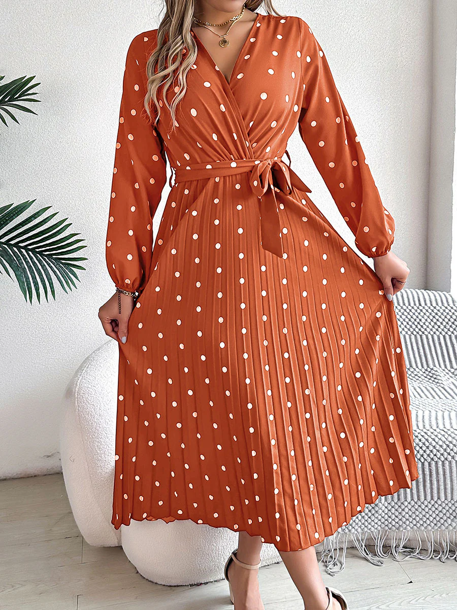 High Waisted Long Sleeves Pleated Polka Dot Tied Waist V-Neck Maxi Dresses Shirt Dress - Image 5