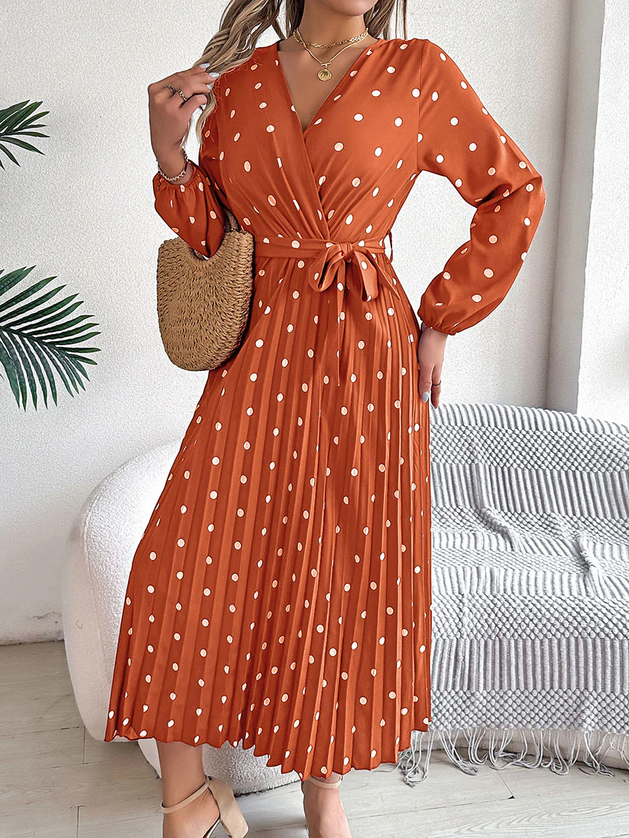 High Waisted Long Sleeves Pleated Polka Dot Tied Waist V-Neck Maxi Dresses Shirt Dress - Image 6