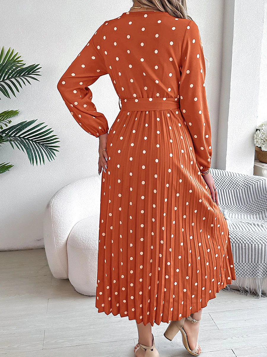 High Waisted Long Sleeves Pleated Polka Dot Tied Waist V-Neck Maxi Dresses Shirt Dress - Image 8