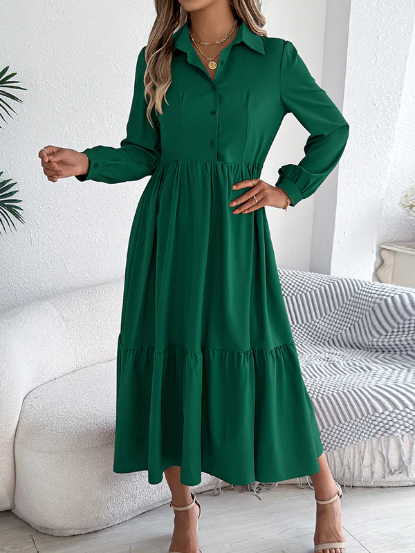 High Waisted Long Sleeves Pleated Ruffled Solid Color Lapel Midi Dresses Shirt Dress - Image 10