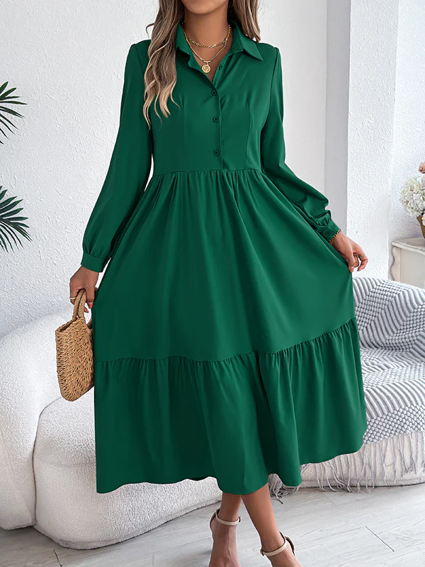 High Waisted Long Sleeves Pleated Ruffled Solid Color Lapel Midi Dresses Shirt Dress - Image 11