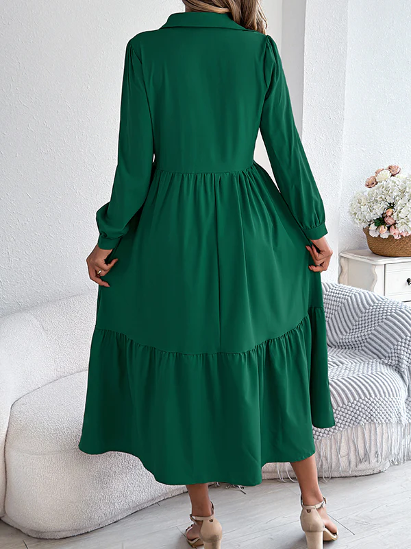 High Waisted Long Sleeves Pleated Ruffled Solid Color Lapel Midi Dresses Shirt Dress - Image 13