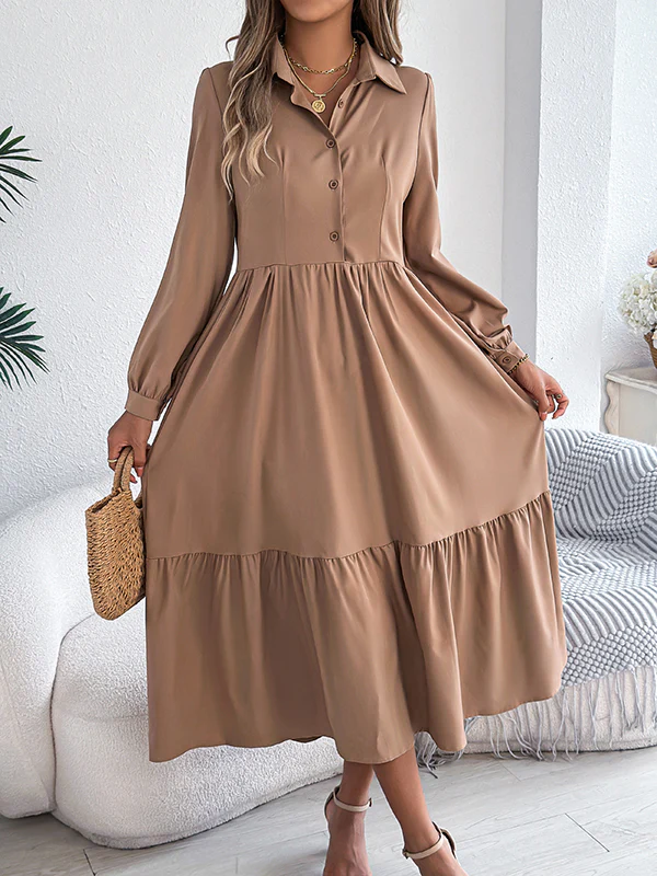 High Waisted Long Sleeves Pleated Ruffled Solid Color Lapel Midi Dresses Shirt Dress - Image 14