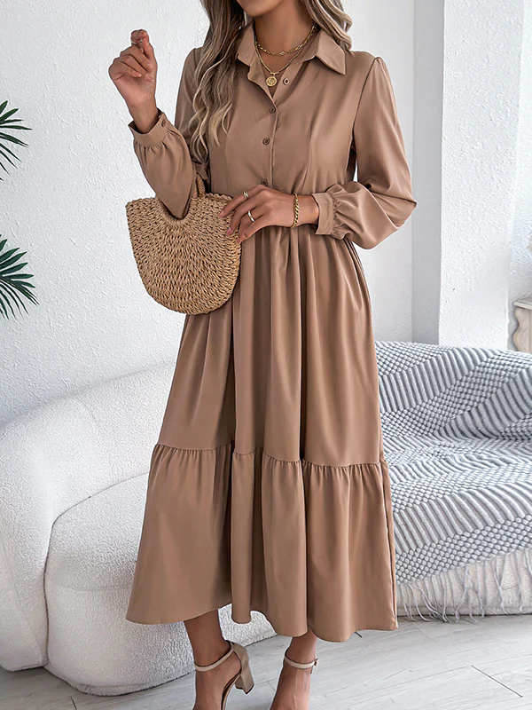 High Waisted Long Sleeves Pleated Ruffled Solid Color Lapel Midi Dresses Shirt Dress - Image 15