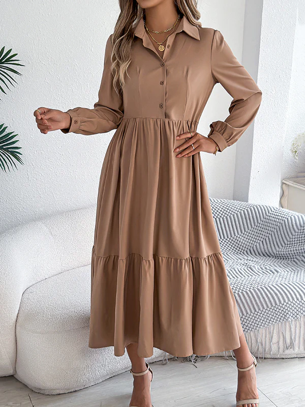 High Waisted Long Sleeves Pleated Ruffled Solid Color Lapel Midi Dresses Shirt Dress - Image 16