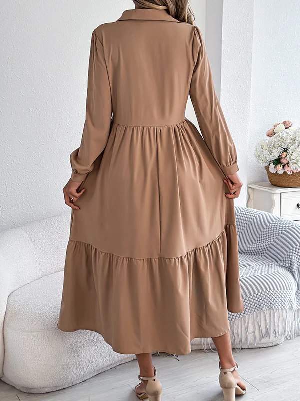 High Waisted Long Sleeves Pleated Ruffled Solid Color Lapel Midi Dresses Shirt Dress - Image 18