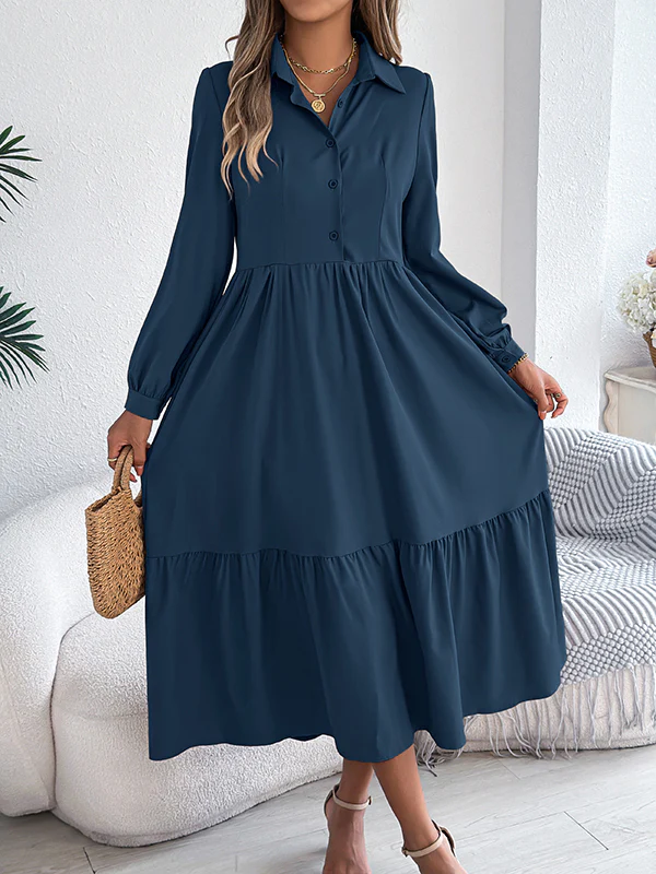 High Waisted Long Sleeves Pleated Ruffled Solid Color Lapel Midi Dresses Shirt Dress - Image 19