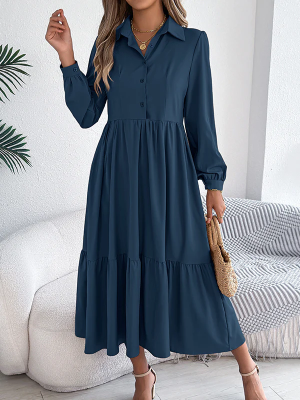 High Waisted Long Sleeves Pleated Ruffled Solid Color Lapel Midi Dresses Shirt Dress - Image 20