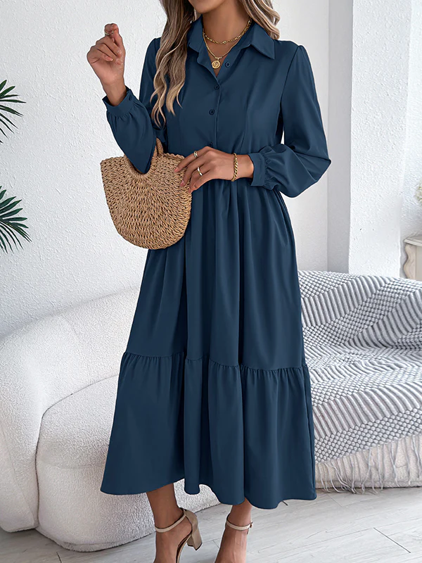 High Waisted Long Sleeves Pleated Ruffled Solid Color Lapel Midi Dresses Shirt Dress - Image 21