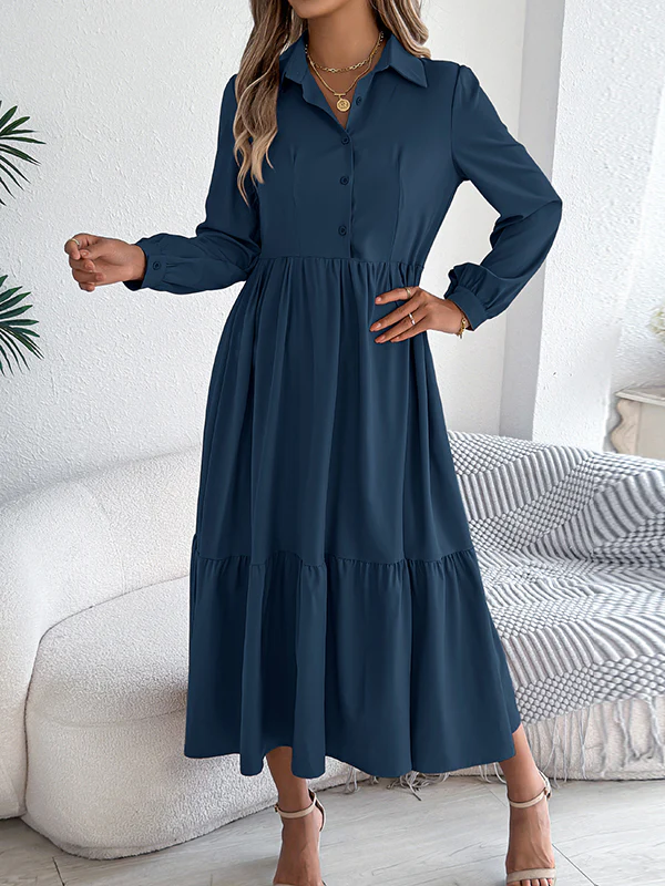 High Waisted Long Sleeves Pleated Ruffled Solid Color Lapel Midi Dresses Shirt Dress - Image 22