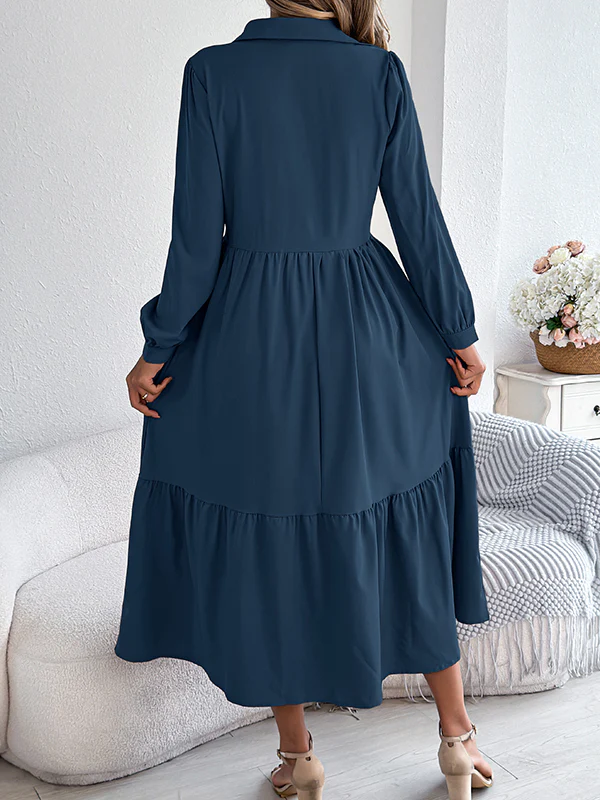 High Waisted Long Sleeves Pleated Ruffled Solid Color Lapel Midi Dresses Shirt Dress - Image 24