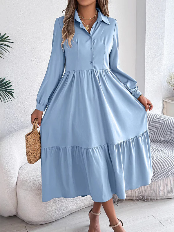 High Waisted Long Sleeves Pleated Ruffled Solid Color Lapel Midi Dresses Shirt Dress - Image 25