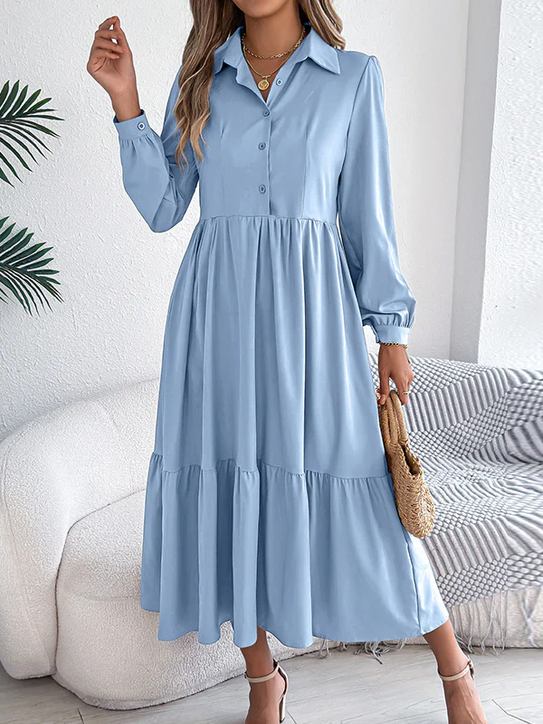 High Waisted Long Sleeves Pleated Ruffled Solid Color Lapel Midi Dresses Shirt Dress - Image 26