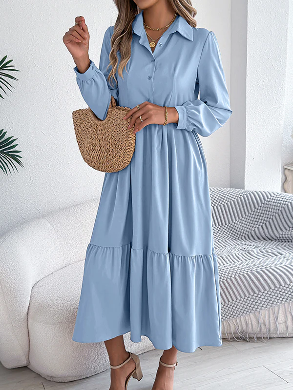 High Waisted Long Sleeves Pleated Ruffled Solid Color Lapel Midi Dresses Shirt Dress - Image 27