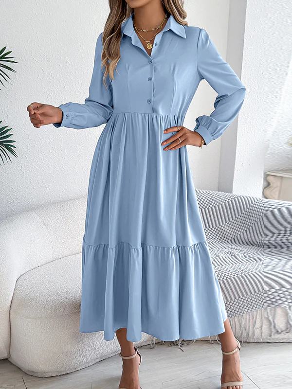 High Waisted Long Sleeves Pleated Ruffled Solid Color Lapel Midi Dresses Shirt Dress - Image 28