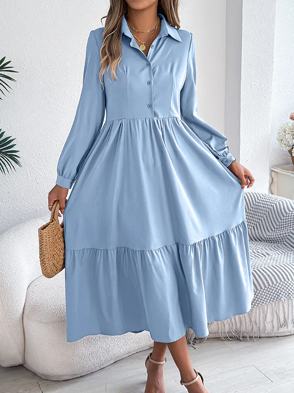 High Waisted Long Sleeves Pleated Ruffled Solid Color Lapel Midi Dresses Shirt Dress - Image 29