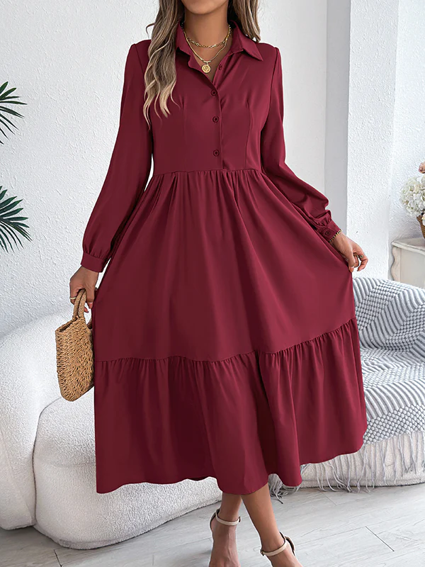 High Waisted Long Sleeves Pleated Ruffled Solid Color Lapel Midi Dresses Shirt Dress - Image 3