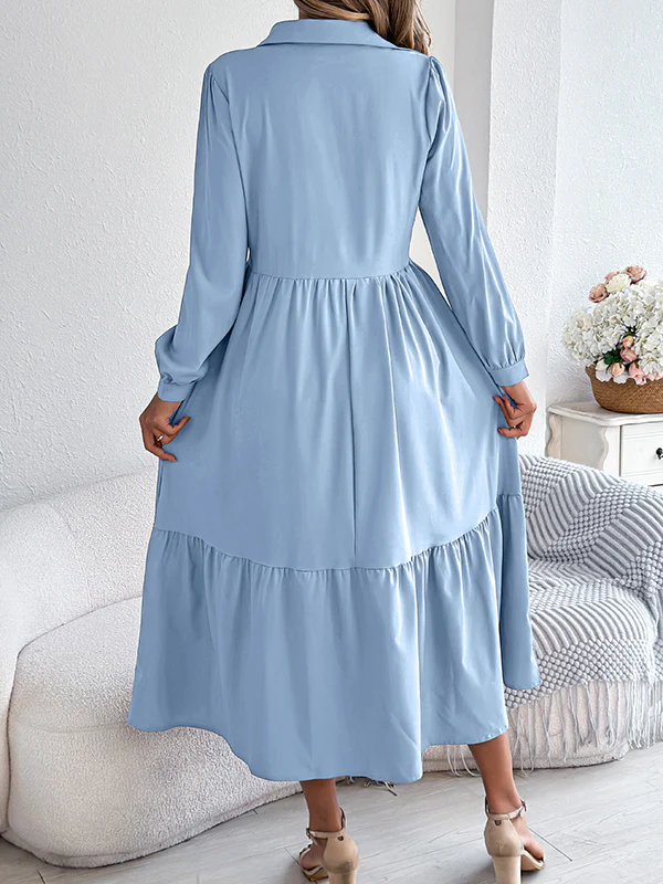 High Waisted Long Sleeves Pleated Ruffled Solid Color Lapel Midi Dresses Shirt Dress - Image 31