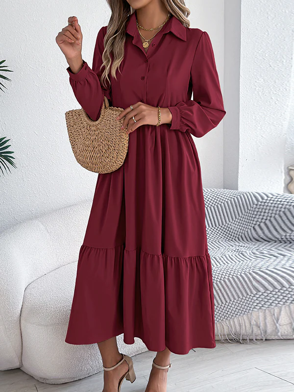 High Waisted Long Sleeves Pleated Ruffled Solid Color Lapel Midi Dresses Shirt Dress - Image 4