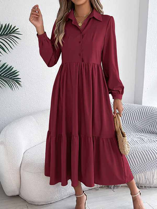 High Waisted Long Sleeves Pleated Ruffled Solid Color Lapel Midi Dresses Shirt Dress - Image 5
