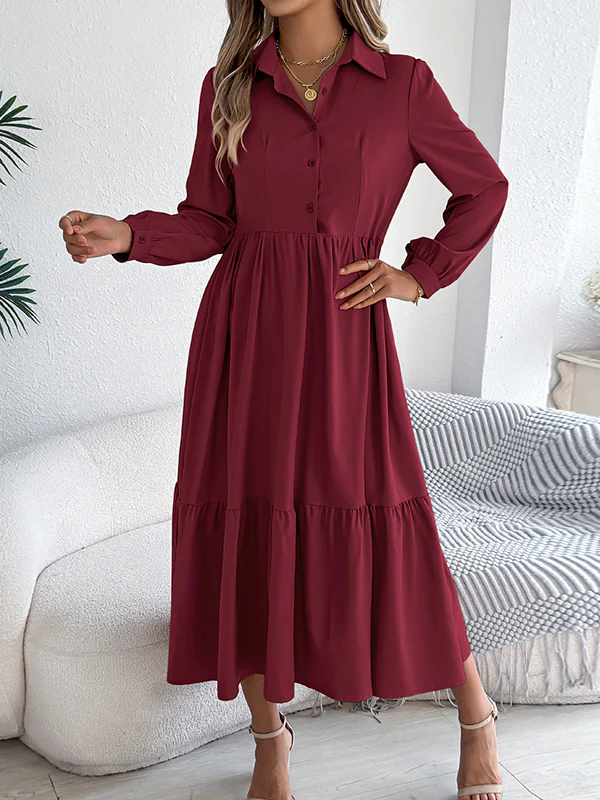 High Waisted Long Sleeves Pleated Ruffled Solid Color Lapel Midi Dresses Shirt Dress - Image 6