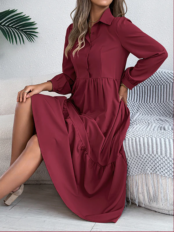 High Waisted Long Sleeves Pleated Ruffled Solid Color Lapel Midi Dresses Shirt Dress - Image 7
