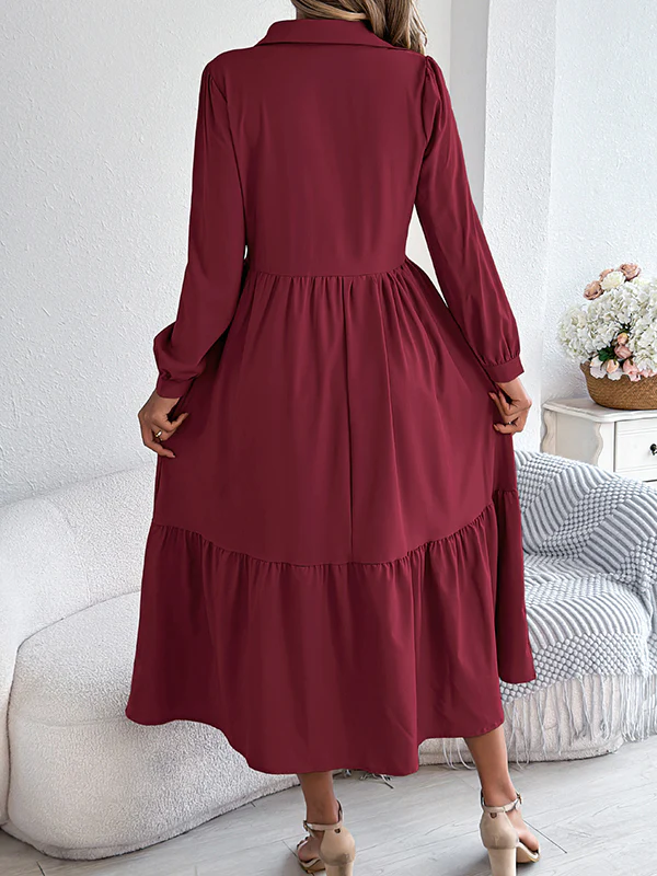 High Waisted Long Sleeves Pleated Ruffled Solid Color Lapel Midi Dresses Shirt Dress - Image 8