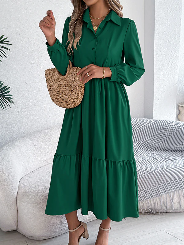 High Waisted Long Sleeves Pleated Ruffled Solid Color Lapel Midi Dresses Shirt Dress - Image 9