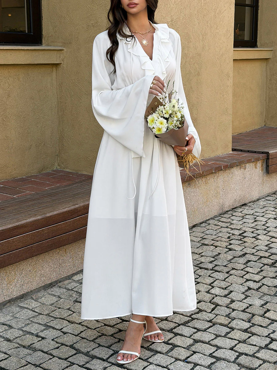High Waisted Long Sleeves Pleated Ruffled Solid Color V-Neck Maxi Dresses - Image 4