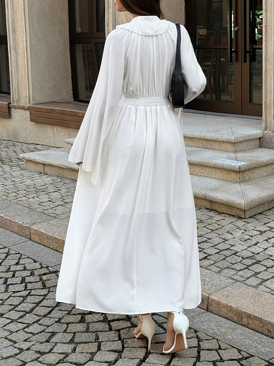 High Waisted Long Sleeves Pleated Ruffled Solid Color V-Neck Maxi Dresses - Image 6