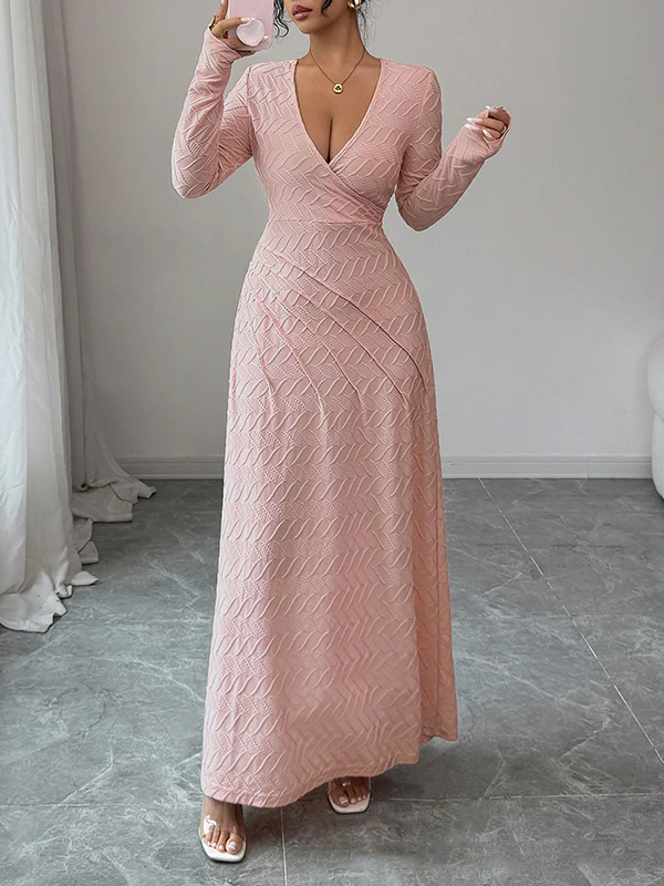 High Waisted Long Sleeves Pleated Solid Color Deep V-Neck Maxi Dresses