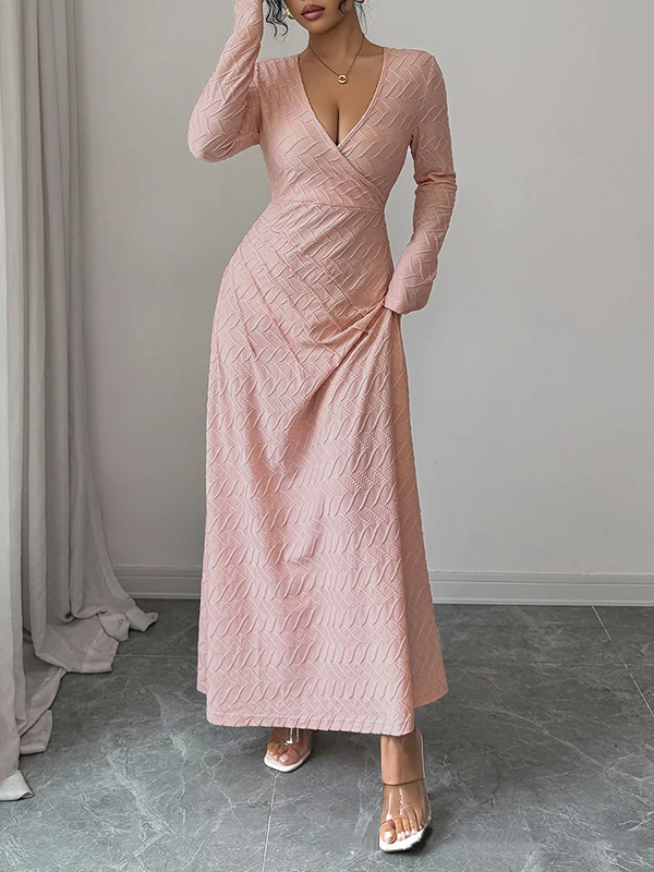 High Waisted Long Sleeves Pleated Solid Color Deep V-Neck Maxi Dresses - Image 2