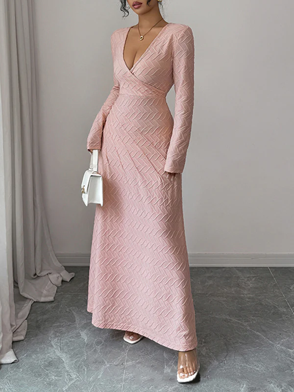 High Waisted Long Sleeves Pleated Solid Color Deep V-Neck Maxi Dresses - Image 3