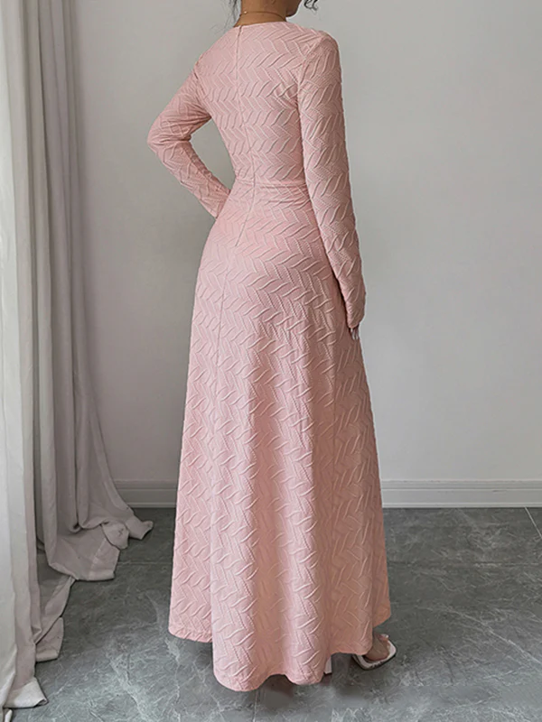 High Waisted Long Sleeves Pleated Solid Color Deep V-Neck Maxi Dresses - Image 4