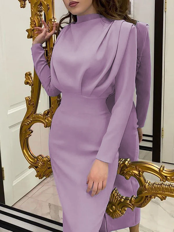 High Waisted Long Sleeves Pleated Solid Color Mock Neck Maxi Dresses Midi Dresses - Image 3