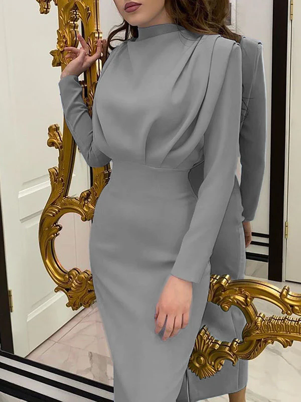 High Waisted Long Sleeves Pleated Solid Color Mock Neck Maxi Dresses Midi Dresses - Image 4
