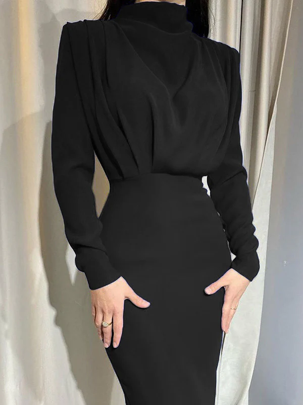 High Waisted Long Sleeves Pleated Solid Color Mock Neck Maxi Dresses Midi Dresses - Image 6