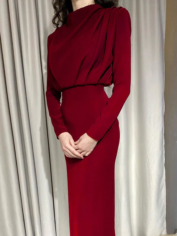 High Waisted Long Sleeves Pleated Solid Color Mock Neck Maxi Dresses Midi Dresses - Image 7