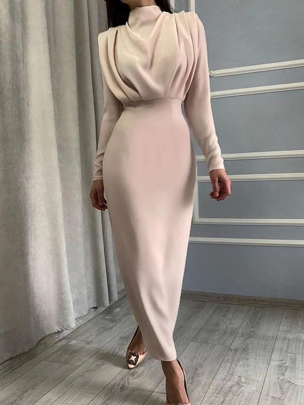 High Waisted Long Sleeves Pleated Solid Color Mock Neck Maxi Dresses Midi Dresses - Image 8